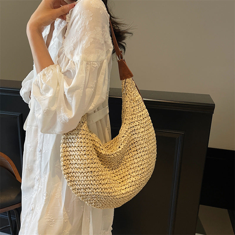 Woven Bag Women Casual Large Capacity Handmade Straw Shoulder Purse