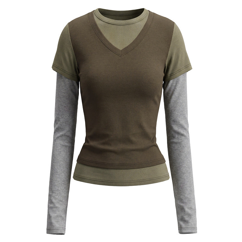 Color blocking fake two long sleeved T-shirts for women with V-neck stitching
