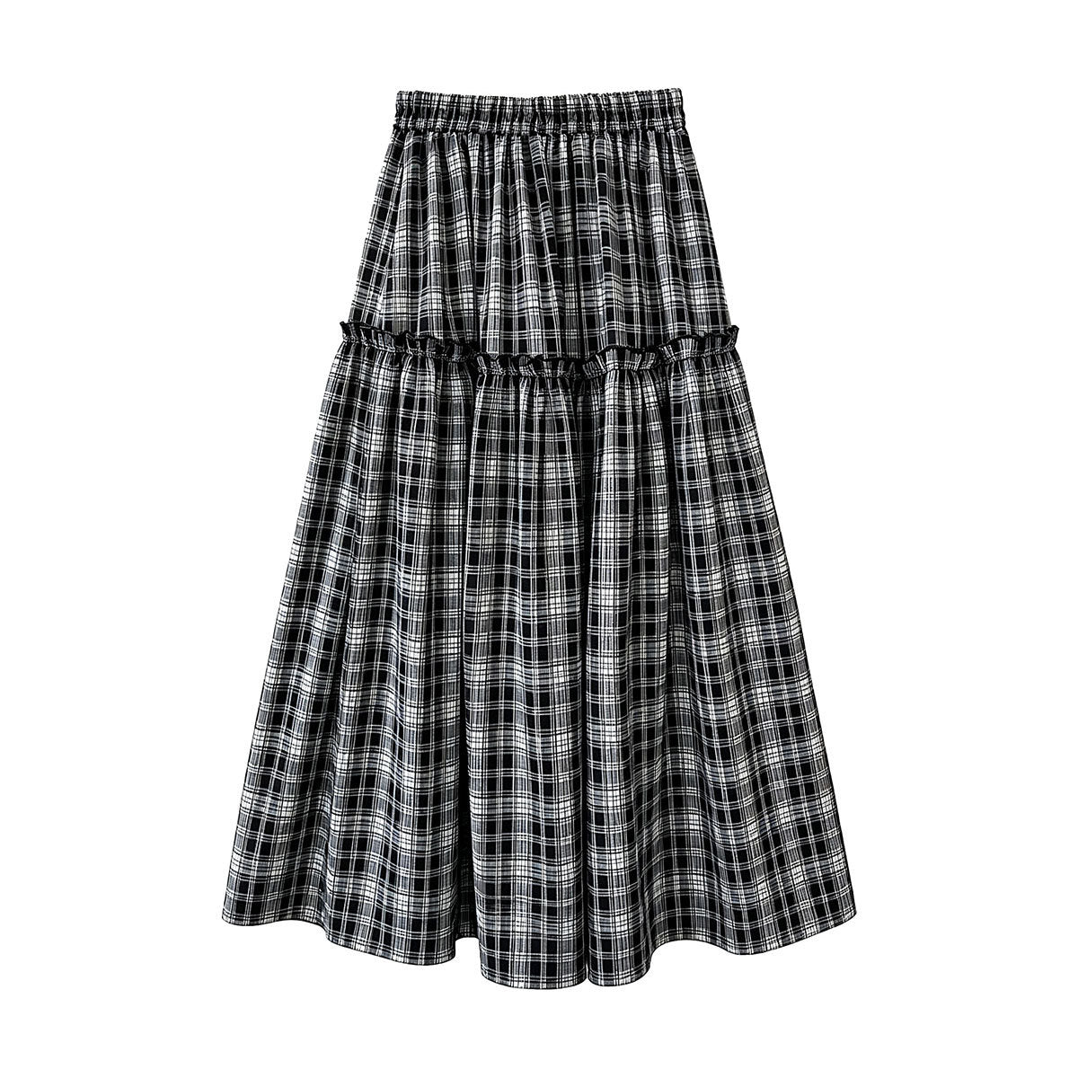 Deer West Plaid High-Waisted Patchwork Ruffle Skirt for Women A-Line Flared Umbrella Skirt