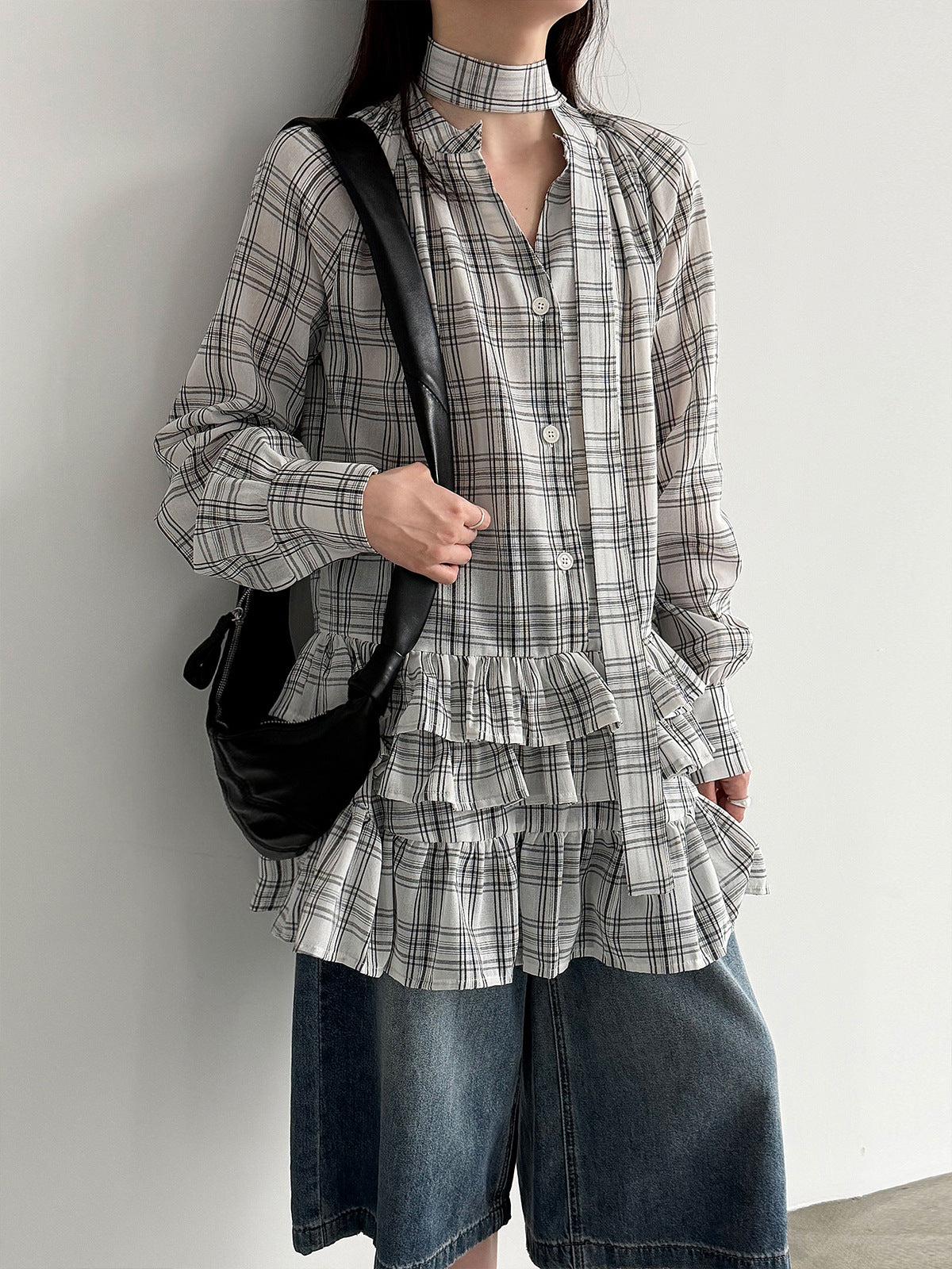 Chic Plaid Ruffle V-Neck Dress – Elegant Japanese & Korean Casual Long Sleeve Blouse