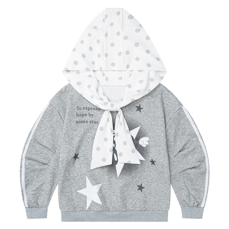 Retro grey patchwork polka dot rabbit ear hat long sleeved hoodie