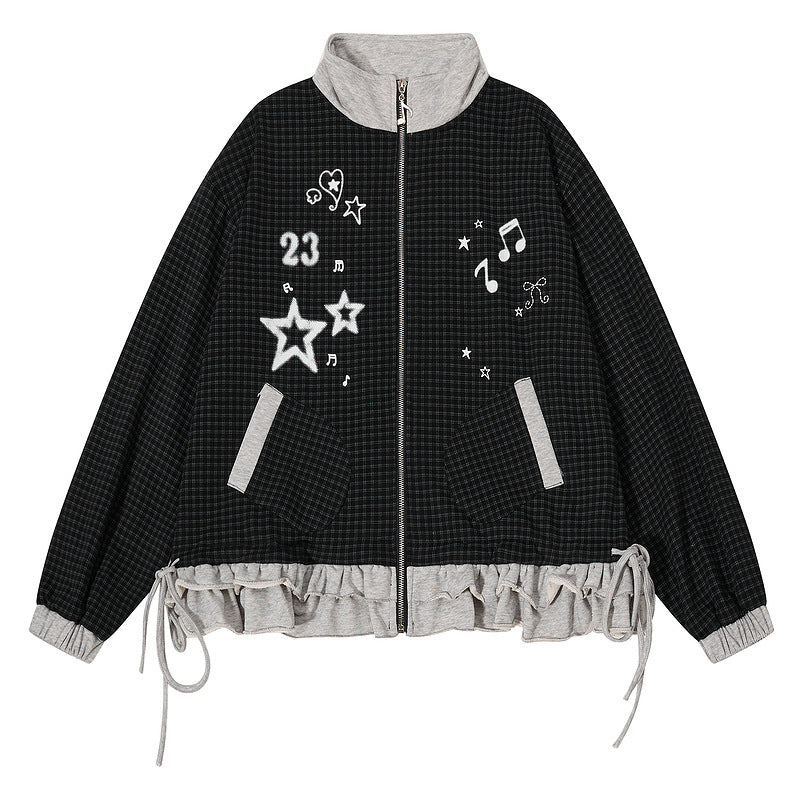 Checkered patchwork jacket with star drawstring cardigan jacket
