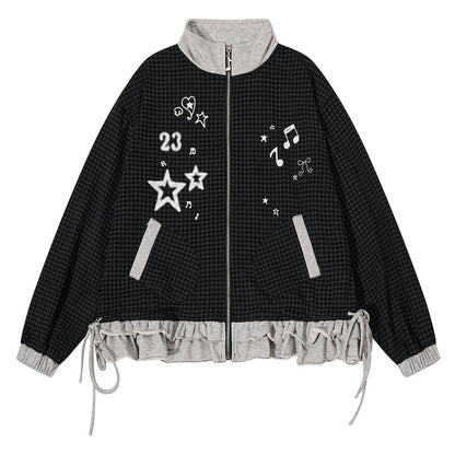 Checkered patchwork jacket with star drawstring cardigan jacket