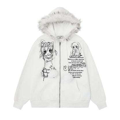 Woolen ball drawstring hooded sweatshirt