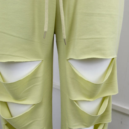 Autumn New High Waist Pants with Broken Holes Casual Loose Tight Waist Wide Leg Pants