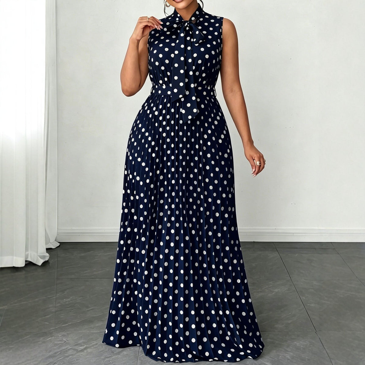 Polka Dot Sleeveless Tie Waist Midi Dress