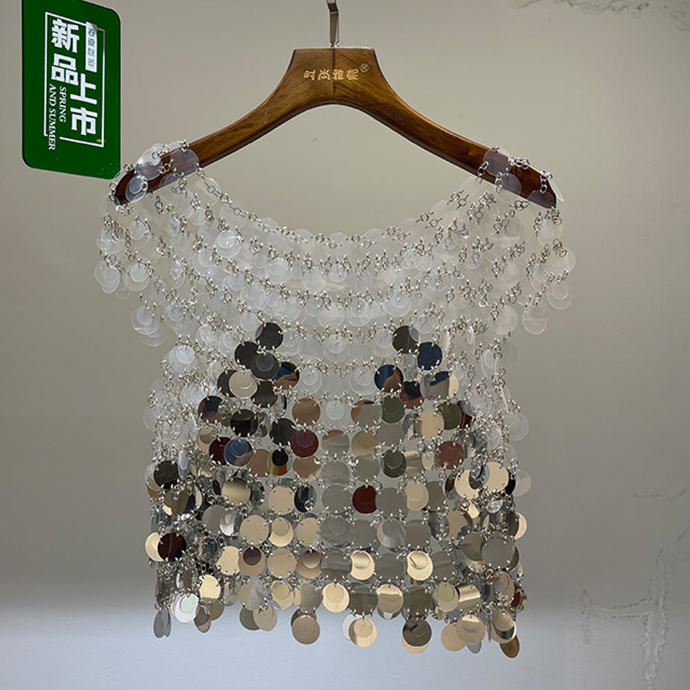Heavy industry sequin hollow vest suspender short retro handmade performance clothing trend