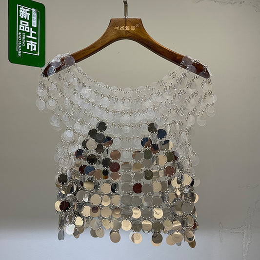Heavy industry sequin hollow vest suspender short retro handmade performance clothing trend