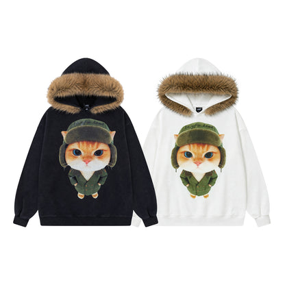 Military hat orange cat printed hoodie