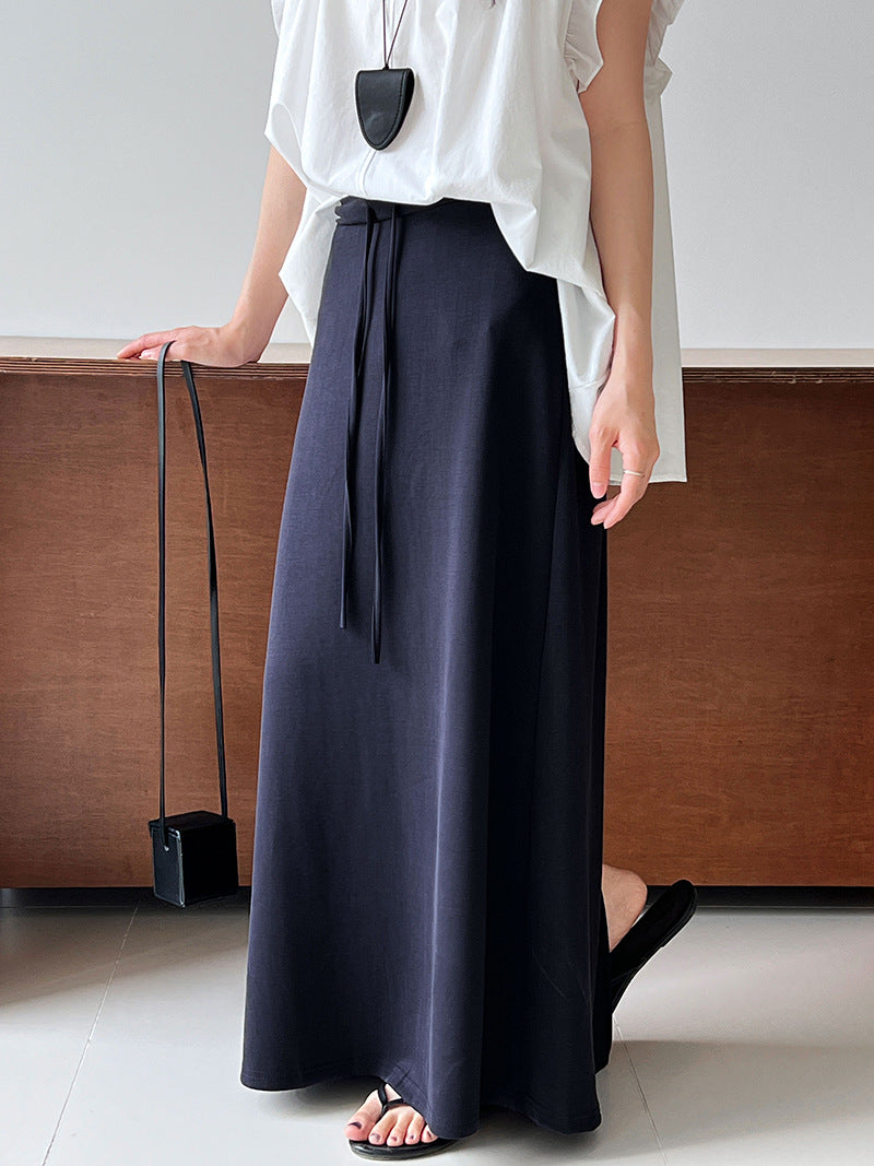 Straight A-line skirt, summer new high-waisted drawstring casual long skirt, fitted umbrella skirt