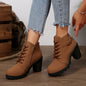 Chunky Heel Women's Leather Boots Low Cuff Round Toe High Heel Lace-Up Style with Heightening and Slimming Effect