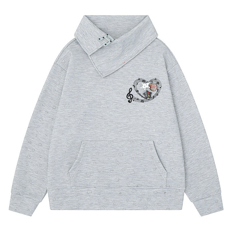 Light gray slanted collar hoodie with musical notes and heart embroidery