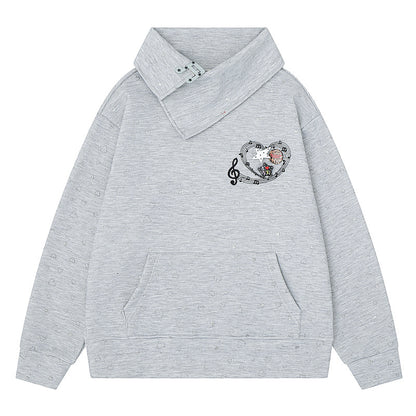 Light gray slanted collar hoodie with musical notes and heart embroidery