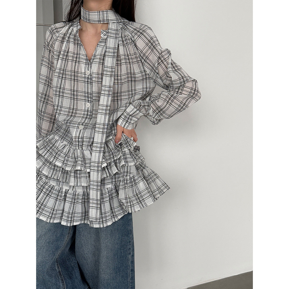 Chic Plaid Ruffle V-Neck Dress – Elegant Japanese & Korean Casual Long Sleeve Blouse
