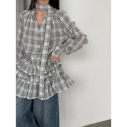 Chic Plaid Ruffle V-Neck Dress – Elegant Japanese & Korean Casual Long Sleeve Blouse
