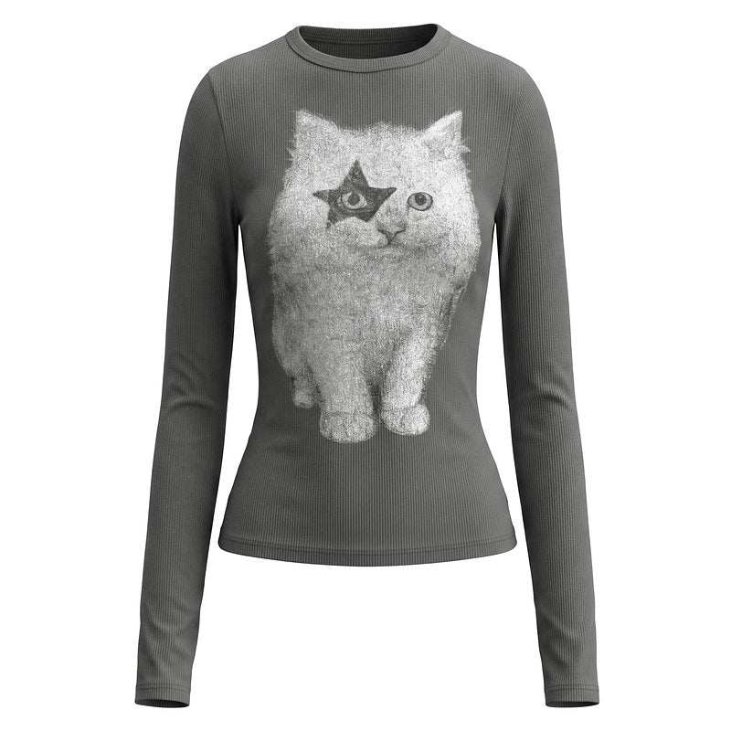 White round neck slim fit long sleeved T-shirt for women