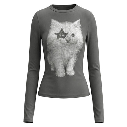 White round neck slim fit long sleeved T-shirt for women