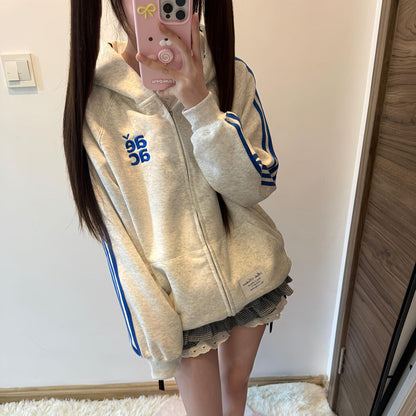 Style Three-Stripe Tape Embroidery Hooded Loose Fit Sweatshirt for Men and Women