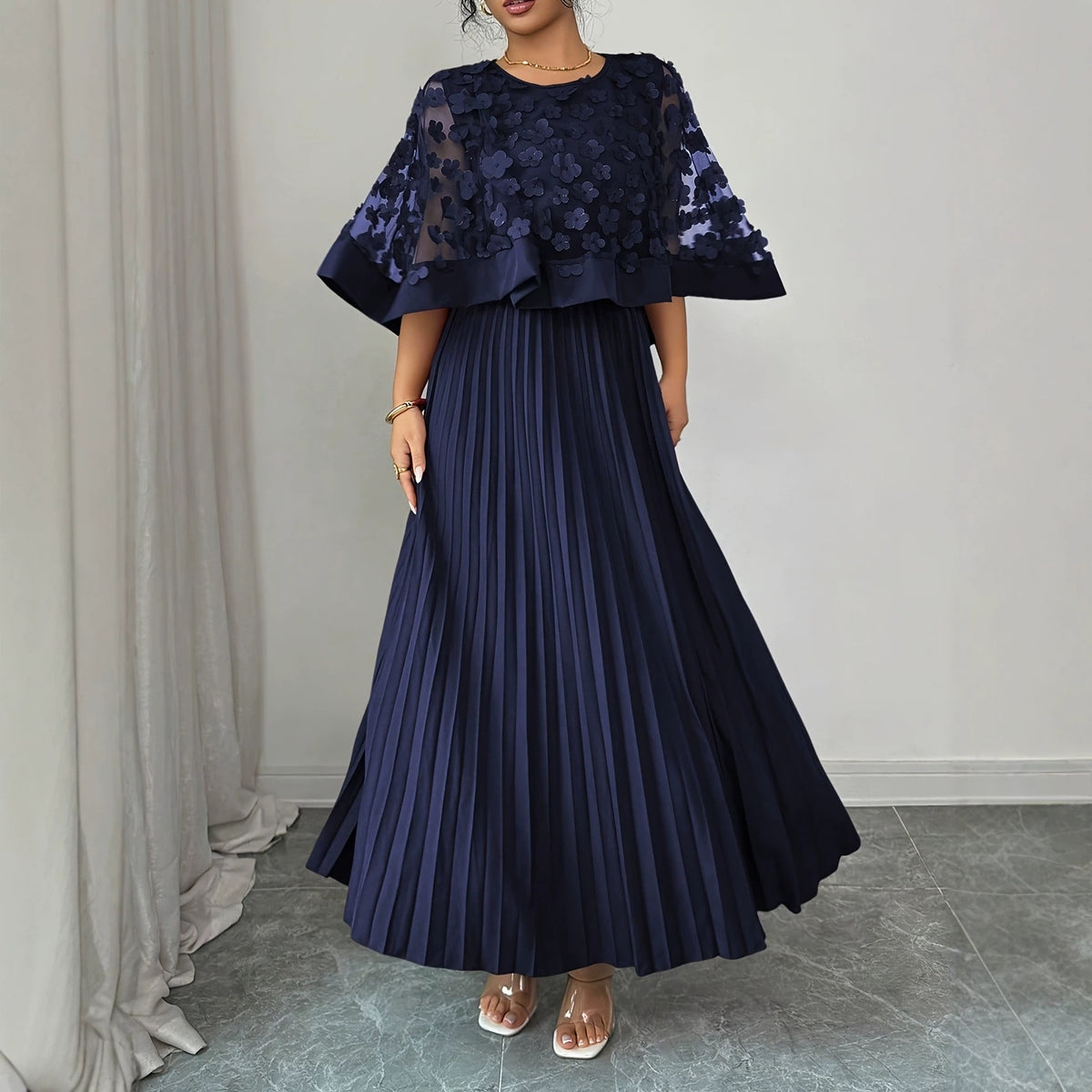 Elegant Plus Size Mesh Tulle Cape Spliced Midi Dress