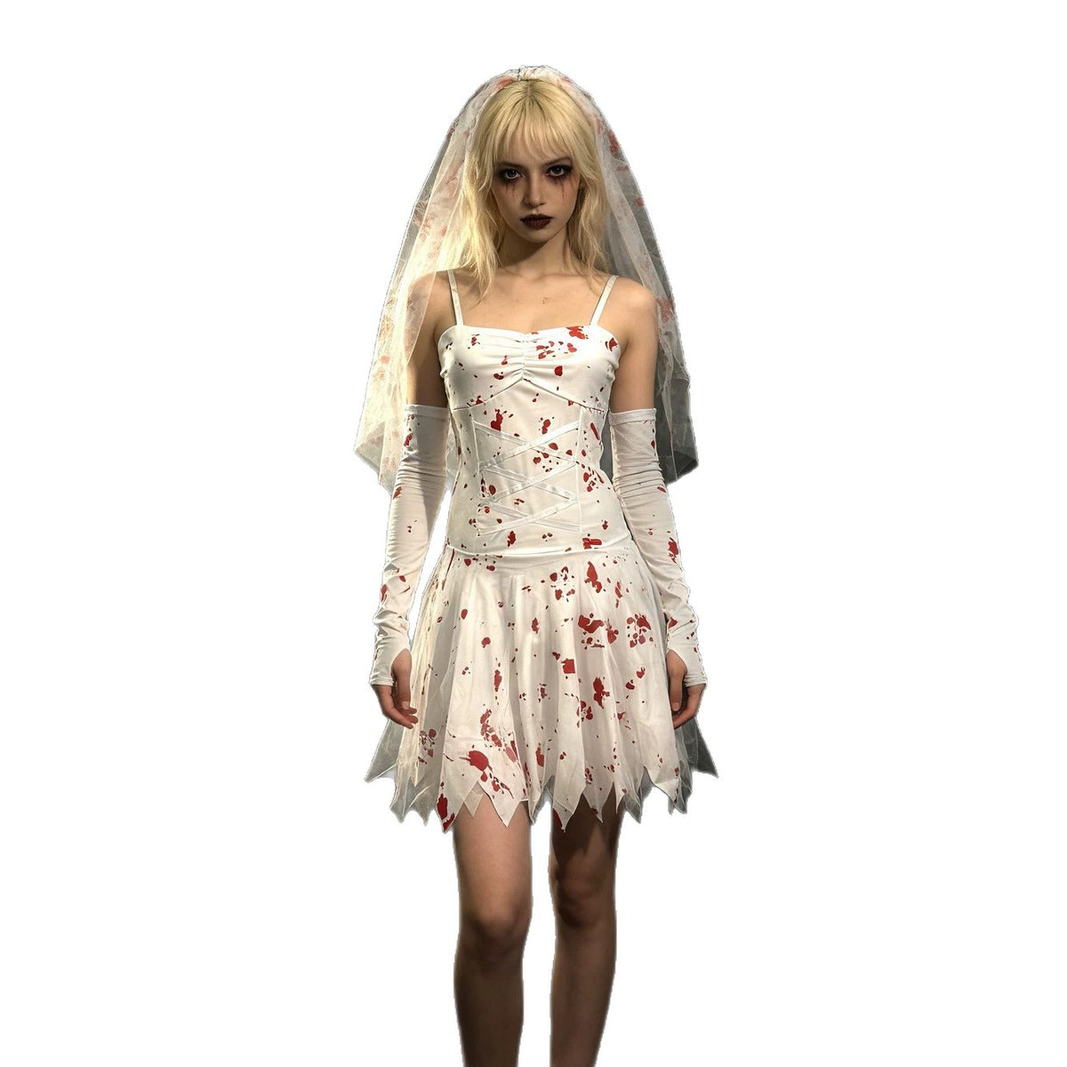 Halloween Bloody Mary Adult Horror Blood-Stained Ghost Bride Costume Gothic Blood-Splattered Zombie Ghost Wedding Dress