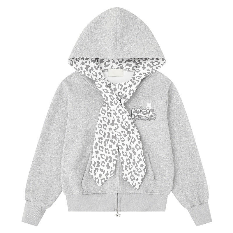 Leopard print scarf rabbit embroidery sweatshirt jacket