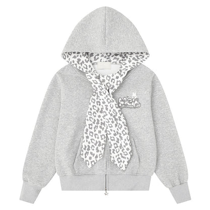 Leopard print scarf rabbit embroidery sweatshirt jacket