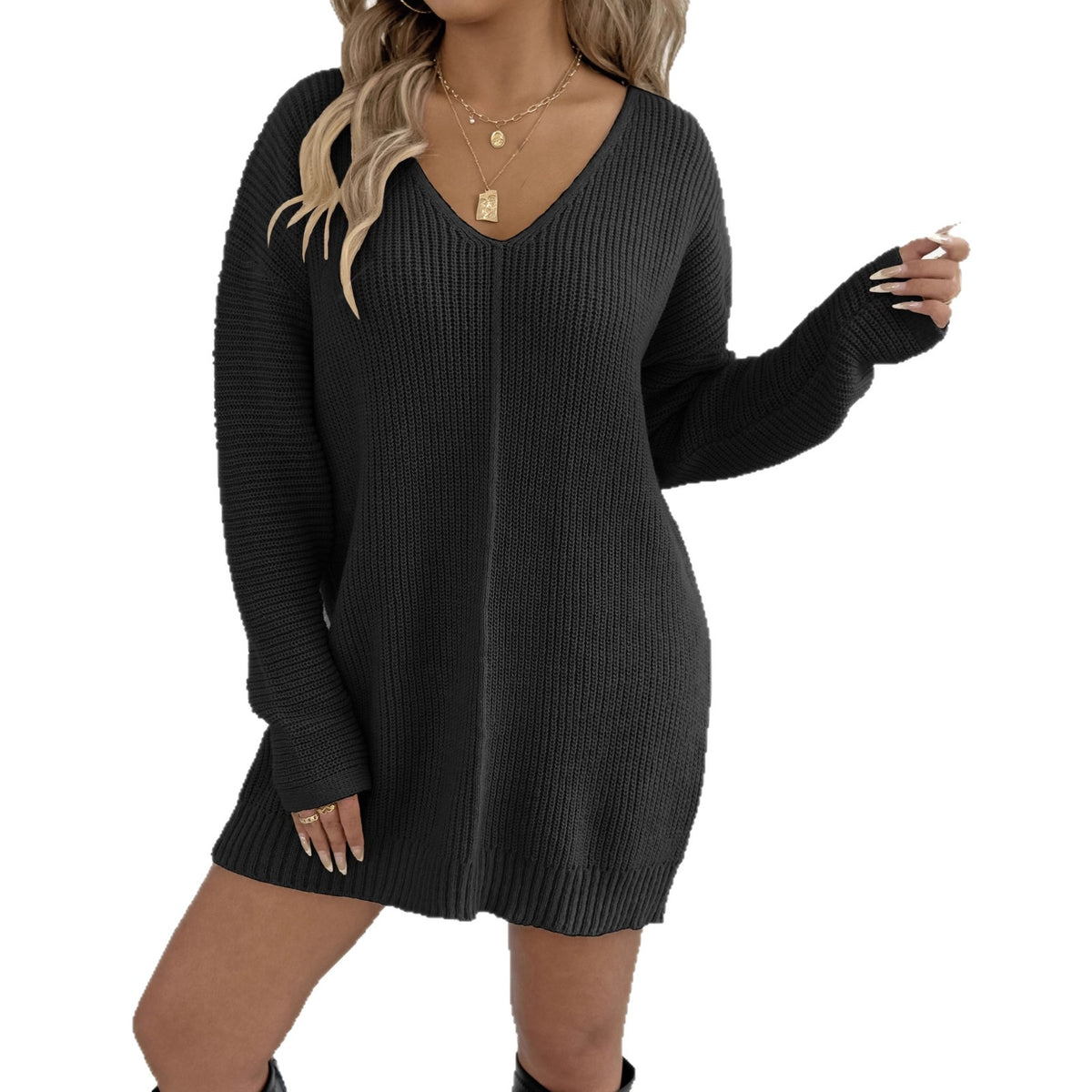 Knitwear Ready Stock Women's Deep V-Neck Sexy Sweater Innerwear Dress (Without Belt)