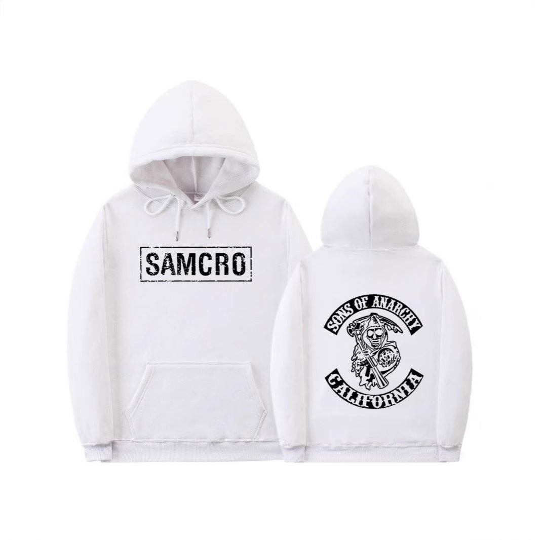 Casual Couple Pullover Fleece-Lined Hooded Sweatshirt with SAMCRO Print