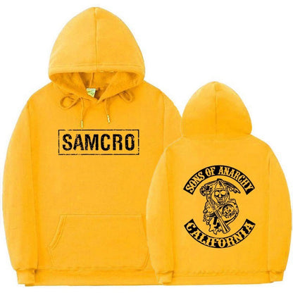 Casual Couple Pullover Fleece-Lined Hooded Sweatshirt with SAMCRO Print