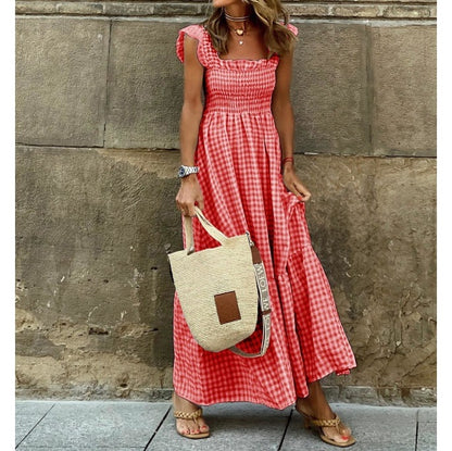 Chic Women's Patchwork Plaid Strap Dress with Elastic Waist and Flared Silhouette