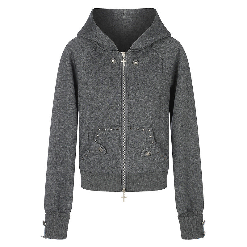 Grey nail style double bag hooded sweatshirt with cross zipper jacket