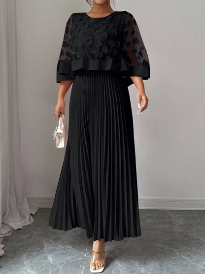 Elegant Plus Size Mesh Tulle Cape Spliced Midi Dress