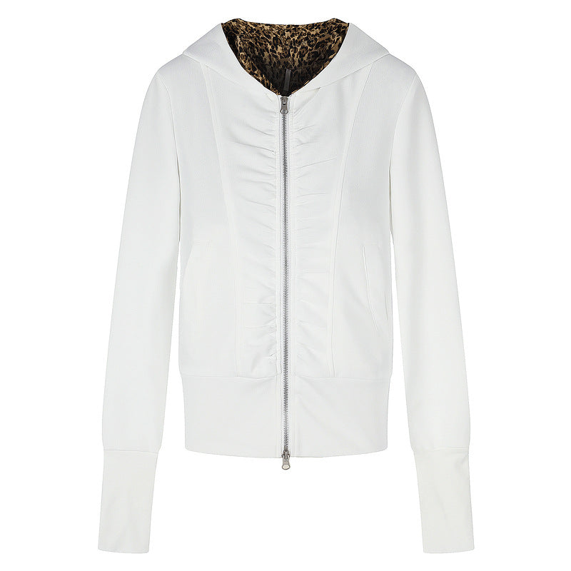 White pleated zipper hooded jacket