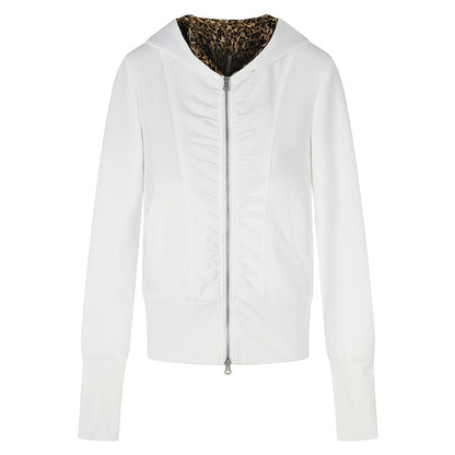 White pleated zipper hooded jacket