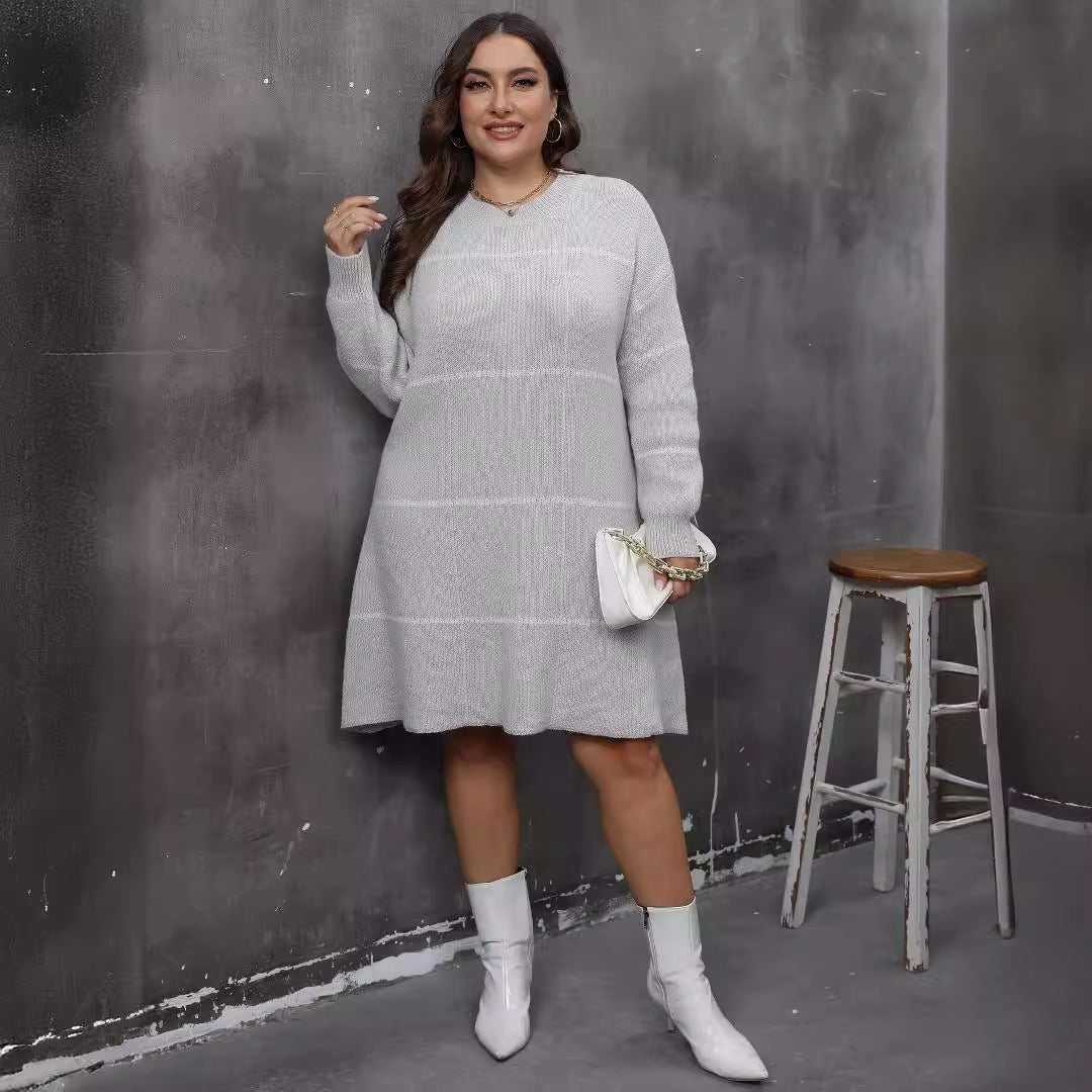 Fall Winter Knit Dress Striped Color Block Round Neck Long Sleeve Women's Plus Size Dress