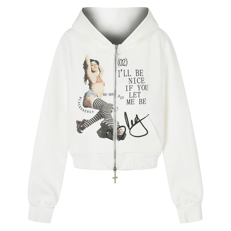 Letter printed light blue hooded jacket