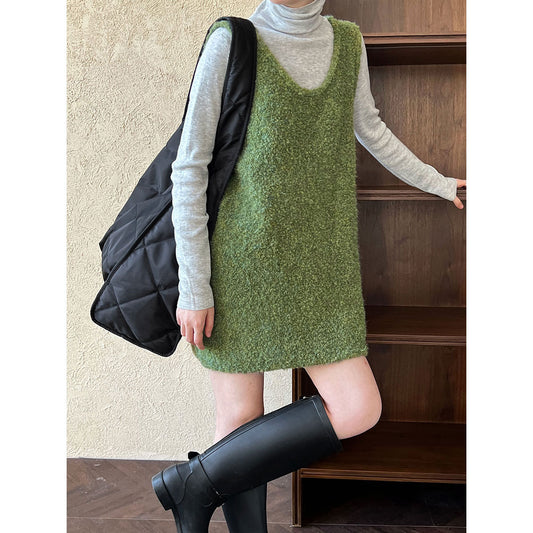 U-neck Loose Slimming Layered Wool Knit Sweater Dress