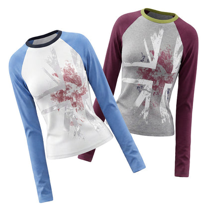 Blue and white raglan sleeve long sleeved T-shirt for women