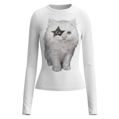 White round neck slim fit long sleeved T-shirt for women