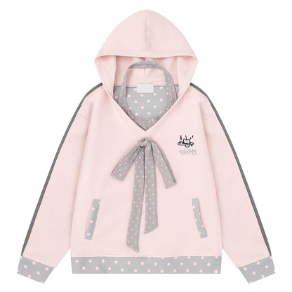 Sweet pink polka dot patchwork hooded sweatshirt