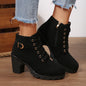 Chunky Heel Women's Leather Boots Low Cuff Round Toe High Heel Lace-Up Style with Heightening and Slimming Effect