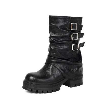 Autumn and winter thick soled high-heeled low cut women's boots with punk style leg cuffs and boots