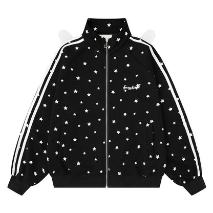 Full printed white star light gray standing collar zipper hoodie