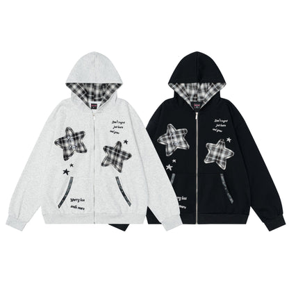 Color blocking sticker star hooded sweatshirt