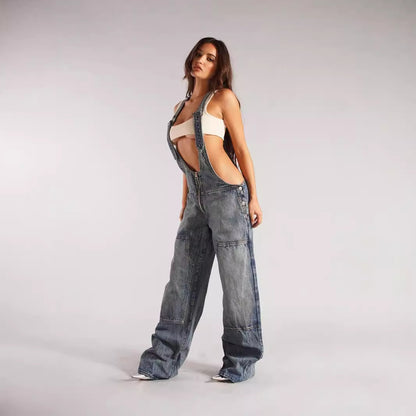 European and American zipper denim overalls women's autumn style loose casual pocket wide leg pants for women
