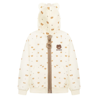 Full printed teddy bear ears hooded cardigan sweatshirt loose jacket