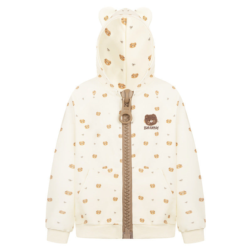 Full printed teddy bear ears hooded cardigan sweatshirt loose jacket