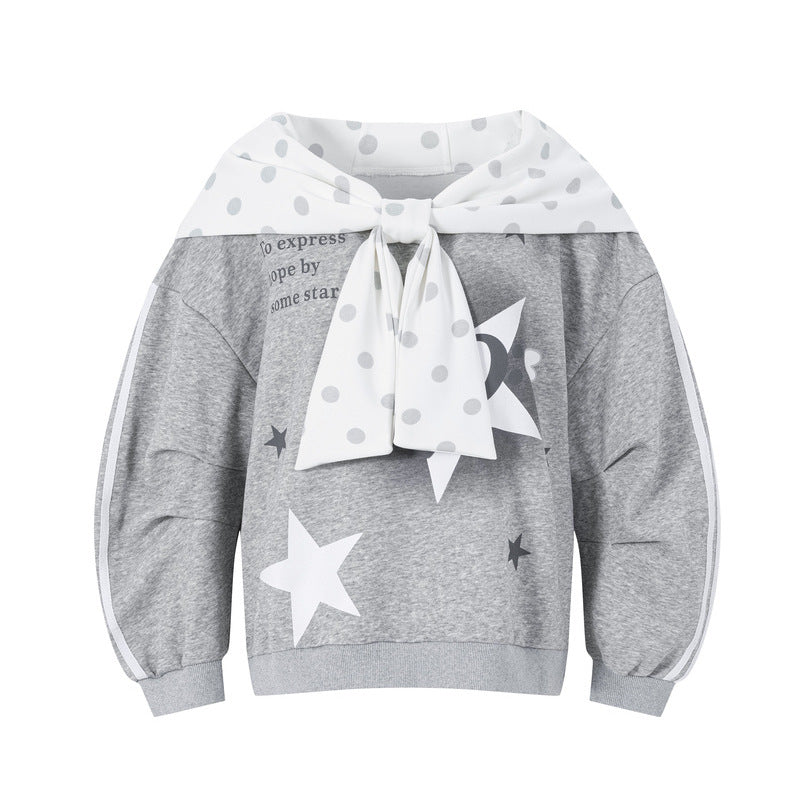 Retro grey patchwork polka dot rabbit ear hat long sleeved hoodie