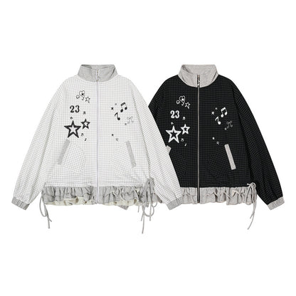 Checkered patchwork jacket with star drawstring cardigan jacket