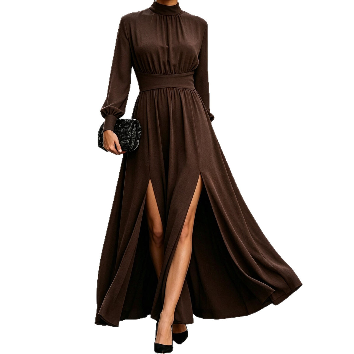 Stylish High-Waisted Long Dress with Stand-Up Collar, Long Sleeves, Double Slit, and Flared Hem